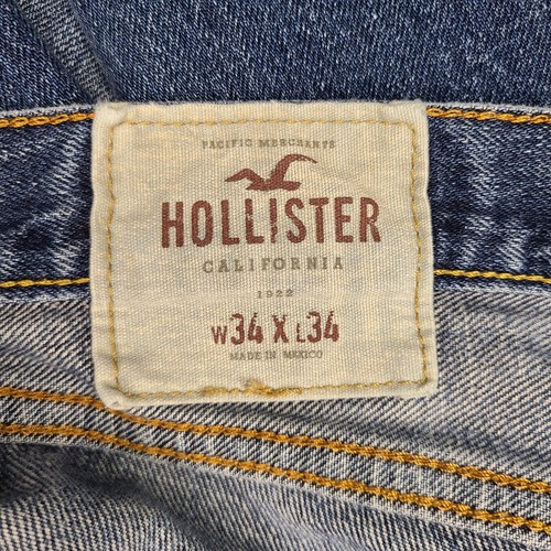 Hollister gerade Herrenjeans Größe 34 x 34 Button Fly Distressed blau Schnurrhaare - Bild 19 von 24