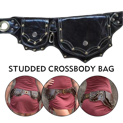 Medieval Steampunk PU Leather Belt Hip Bag Pocket Waist Bag Studded Brown - Bild 10 von 17
