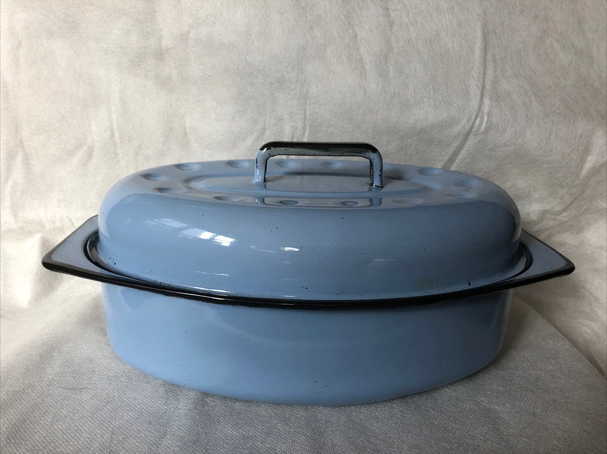 Roasting pan with lid enamel light blue oval vintage medium