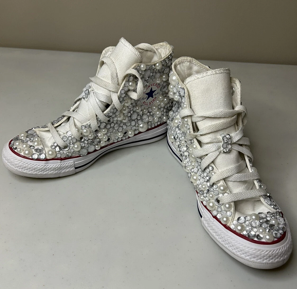 Converse All Star Chuck Taylor White Bedazzled Pearl Bling Sneakers Size 6