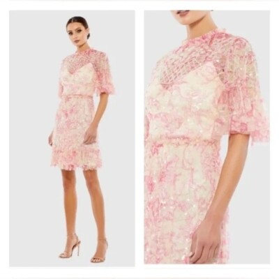 MAC DUGGAL 9148 Mini Dress Cocktail Flounce Sleeve Floral Embellished Size  4 NWT | eBay