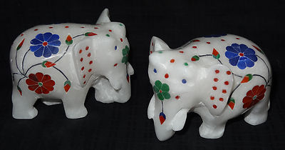 3'' Marble Elephants Pair Semi Precious Gemstone Inlaid Work Patio Decor Art Gift
