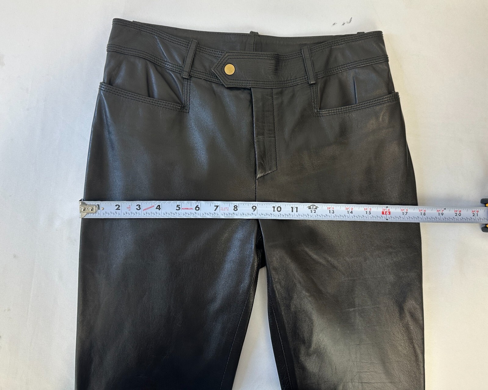 VINTAGE GUCCI Leather Flat Front Straight Leg Pants 42 Black Gold Button Pockets image 4