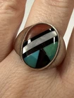 VTG Native American Zuni Sterling Silver Inlay Turquoise Coral MOP Ring 8.75