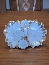Bowl Antique Divided with Center Handle Gold on White Porcelain Scalloped Rim