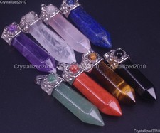 Natural Gemstone Hexagonal Chakra Healing Pendant Bead Tibetan Silver 12x39mm