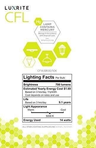 Luxrite CFL BR30 Floodlight Bulb 14W=60W Bright White 5000K 700LM E26 12-Pack - Picture 2 of 4