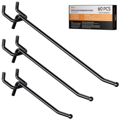 60 Pack 4/6/8 Inch Black Pegboard Hooks, 1/4'' Heavy Duty Peg Board Shelving Hook