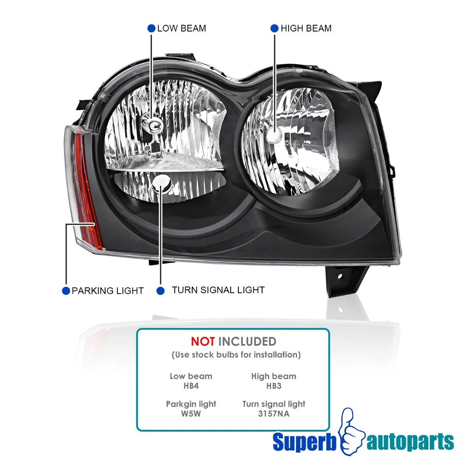 For 2005-2007 Jeep Grand Cherokee Black Headlights Pair Replacement Left+Right - Image 4 of 4