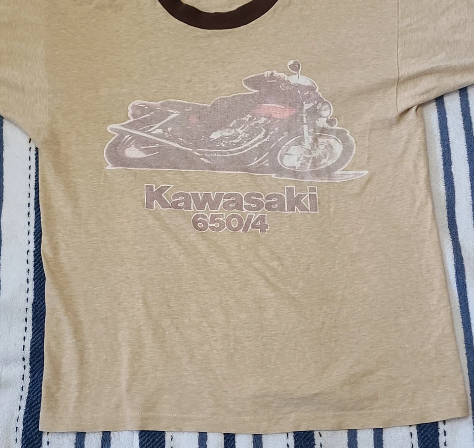 Camiseta de hombre vintage Kawasaki KZ 650 KZ650 650/4 timbre delgada rara marrón años 70 Foto 2 de 4