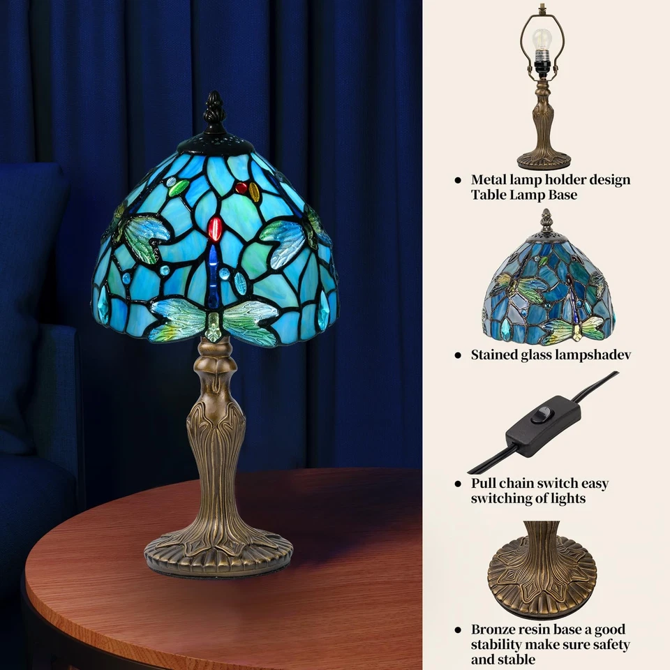 小号蒂芙尼台灯 3 色温度蜻蜓彩色玻璃灯 8 英寸... — 第 3/4 张图片