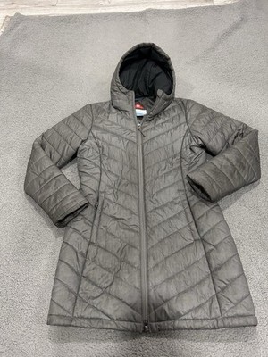 Columbia Puffer Jacket Womens Medium Gray Omni-Heat Hooded Insulated Long Parka