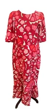 Rhode Zinnia Floral Print Bell Sleeve Midi Dress Red/Pink Floral Linen/Rayon 14