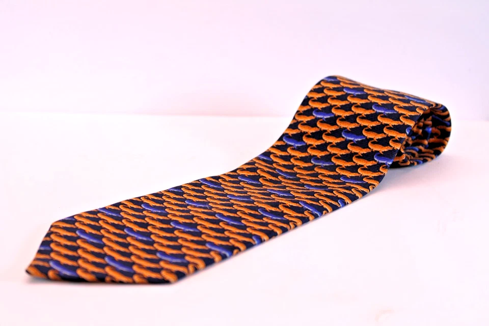 Vtg Via Rossini Silk Men's Necktie MI Italy Orange & Blue Alligators REPP 56x4" - Image 4 of 4