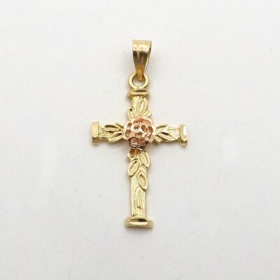 14k Gold Rose Flower Cross Charm Pendant Two Tone New OroAmerica