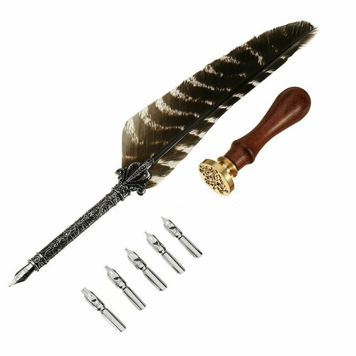 Calligraphy Feather Dip Quill Pen Writing Set Stationery Gift Box w/ 5 Nibs Seal - Picture 3 of 7