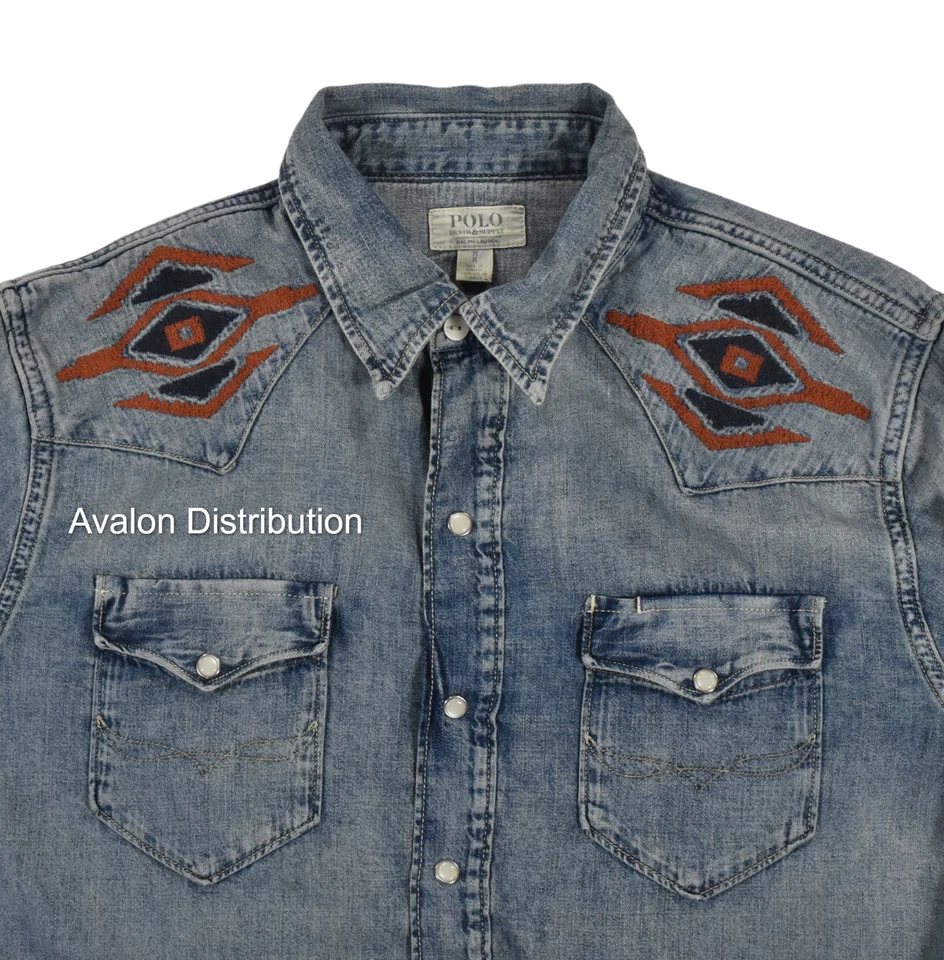 Polo Ralph Lauren RRL Style Embroidered Western Aztec Frayed Denim Shirt New - Image 2 of 4