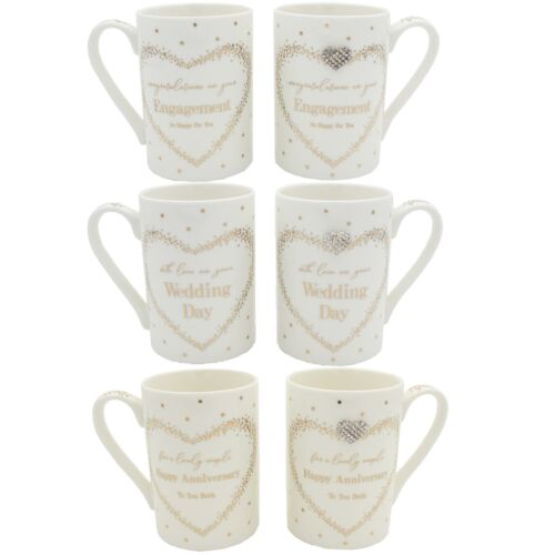 Mad Dots - Mug Set - Wording & Diamante Heart - Cream & Gold - Choose Design - Picture 1 of 4