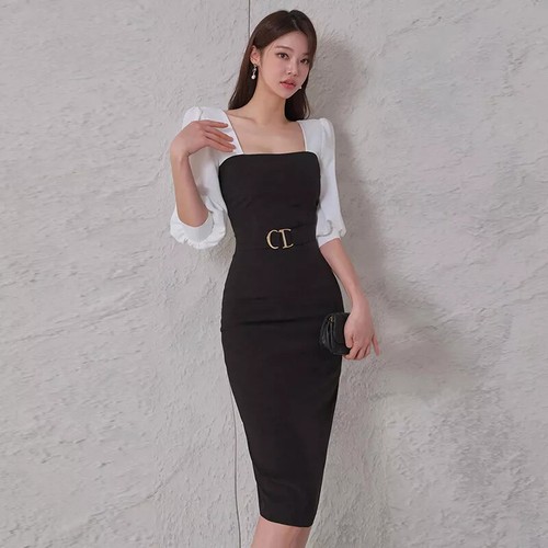 Femmes Champagne Travail Robe Fourreau Ruché Col V Manches Courtes Midi Robe Semi Formelle – FR