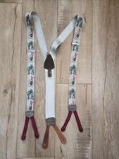 Vintage TRAFALGAR Golf Print Suspenders Tan Leather Trim Tabs Limited Edition