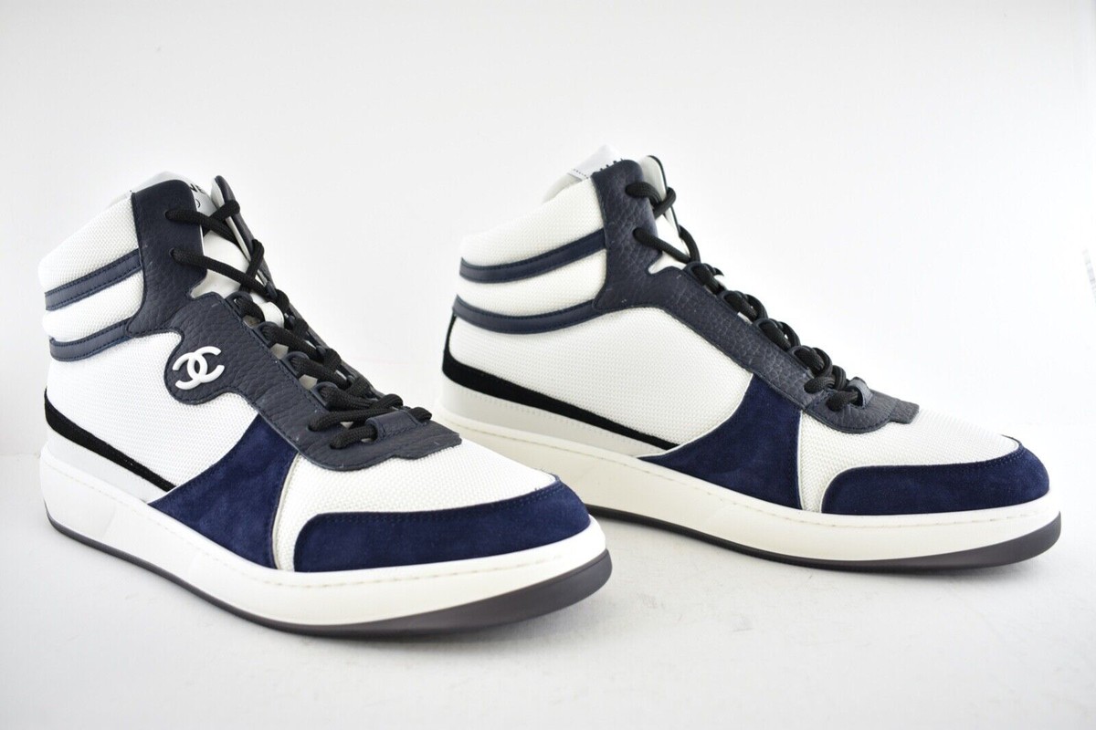 Chanel 22P Mens White Navy Blue CC Logo High Top Lace Up Trainer