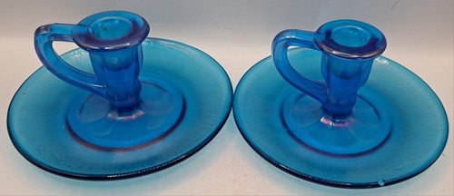Antique Northwood Iridescent Blue Stretch Glass Chamberstick Candlestick Holders - Picture 6 of 12