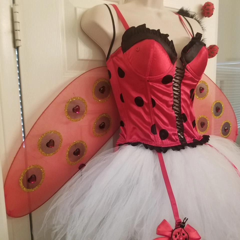 Damas Encantador Rojo Negro Dama Insecto Disfraz Alas, Corsé, Falda, Antena Talla S/M Foto 3 de 4