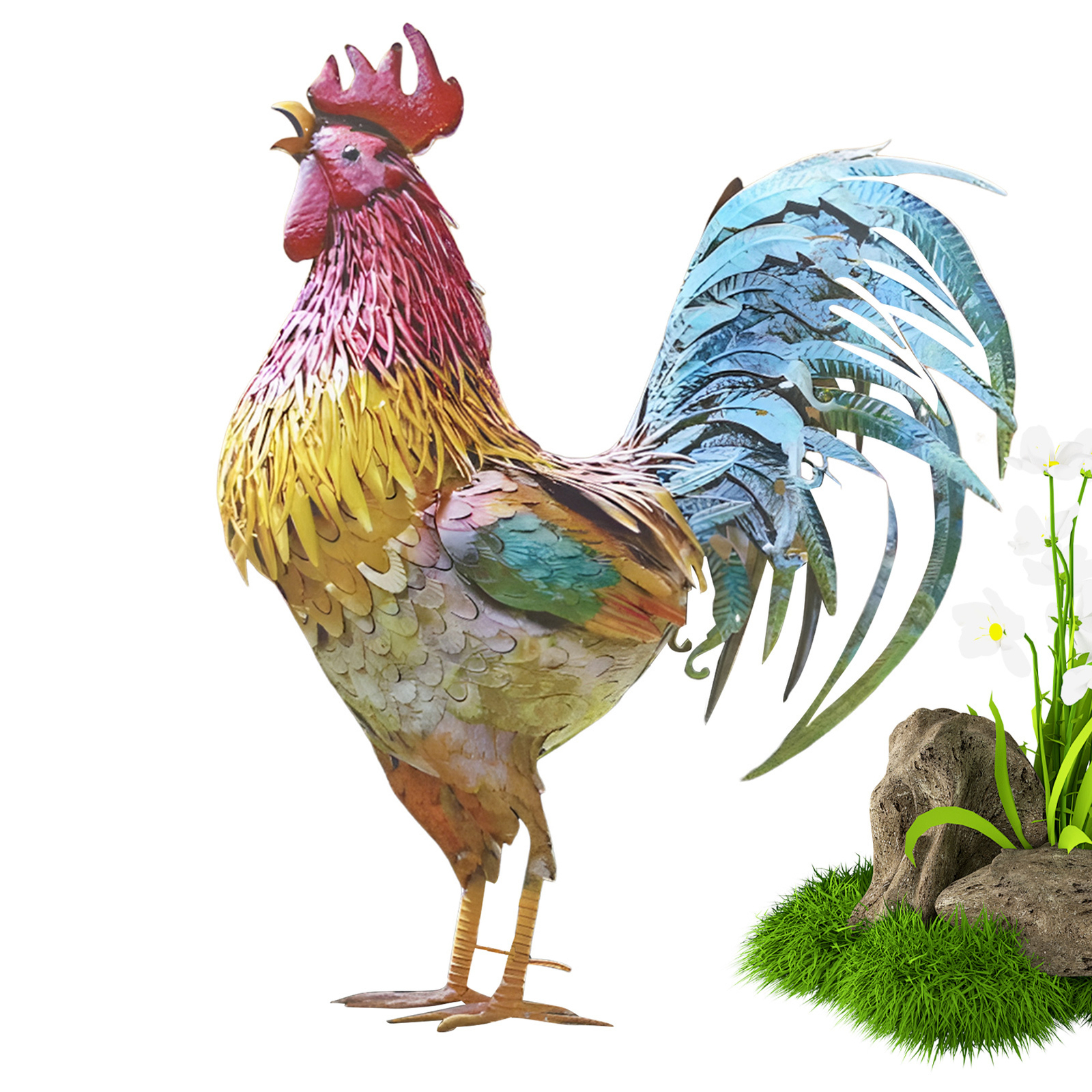 Metal Patriotic Rooster Porch Sign Sculptures Garden Courtyard Chicken Yard