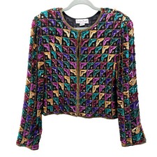 Vintage Laurence Kazar 100 Silk Sequined Jacket XLarge Black Multi Beaded