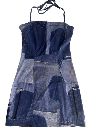 women mini dress stretch halter neck sleeveless size S color blue