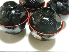 4 Pack Plastic Lacquered Miso Soup Rice Bowl with Lid Made in Japan 1904x4