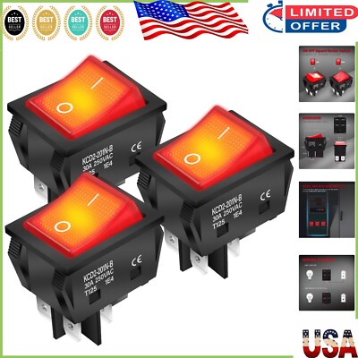 Red Lighted 30 Amp Rocker Toggle Switch - DPST Design for Easy Operation