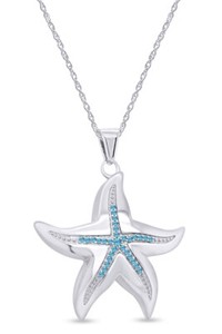 Authentic Simulated Aquamarine Charm Starfish Pendant Necklace In 14k Gold Plated Sterling