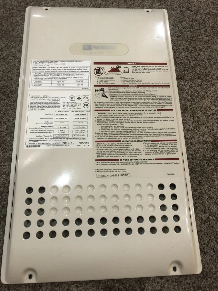 PARTS FOR A NORTIZ Tankless Water Heater Model No. N0751M MAKE ME AN OFFER  | eBay