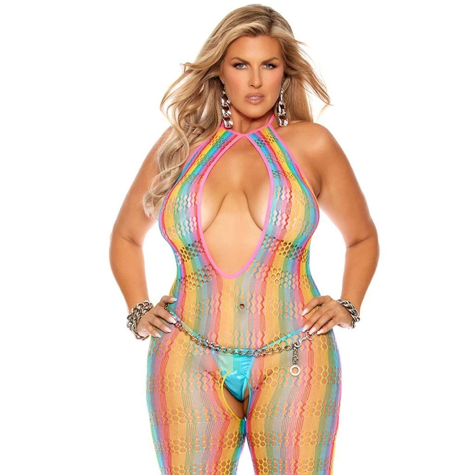 Bodystocking a Rayas Arco Iris Sin Pie Entrepierna Halter Cerradura Orgullo 12102 Foto 3 de 4