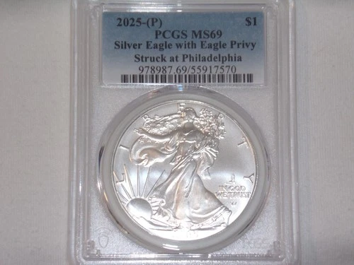 2025-(P) PCGS MS69 American Silver Eagle W/Eagle Privy *Struck at Philadelphia*