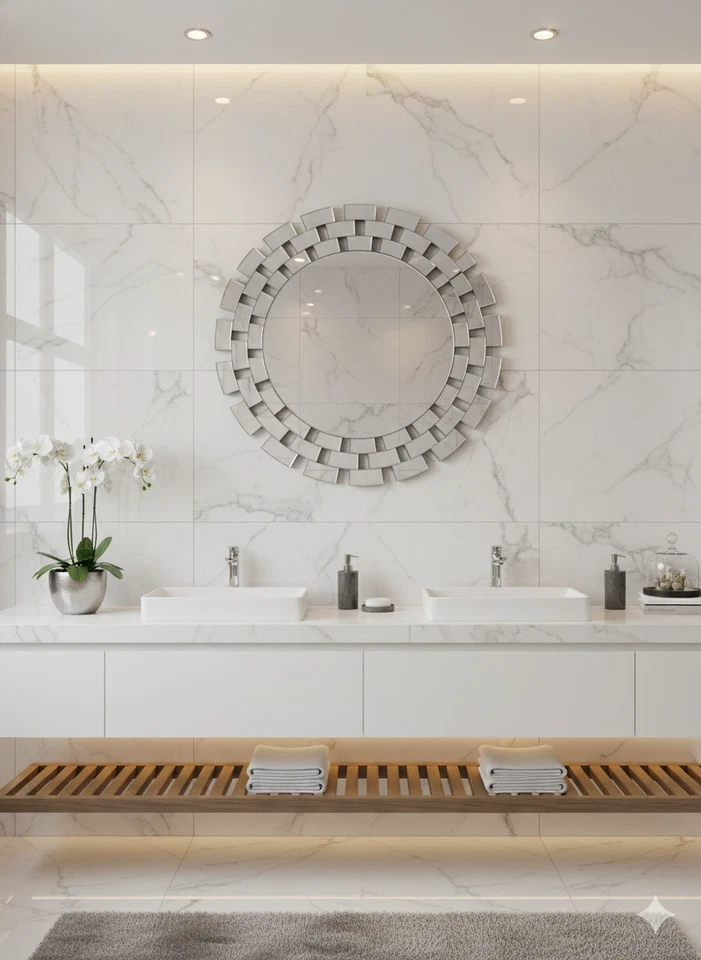 Espejo redondo de 32 pulgadas montado en la pared espejo de baño con decoración sin marco Foto 2 de 4