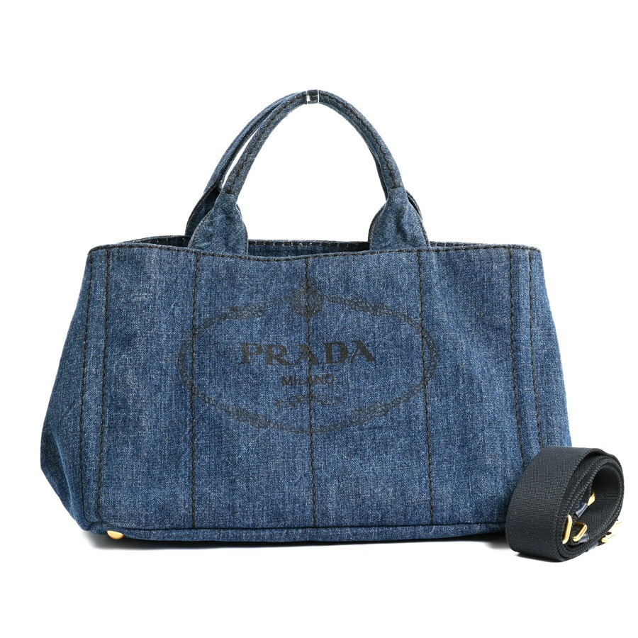 Prada Canapa Denim Tote Bag Blue Unisex B2642B Free Shipping