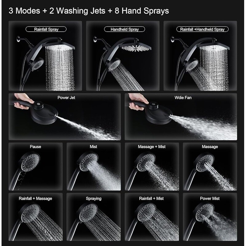 High Pressure Rain Shower Head Handheld Combo Magnetic Docking 10 Spray Settings