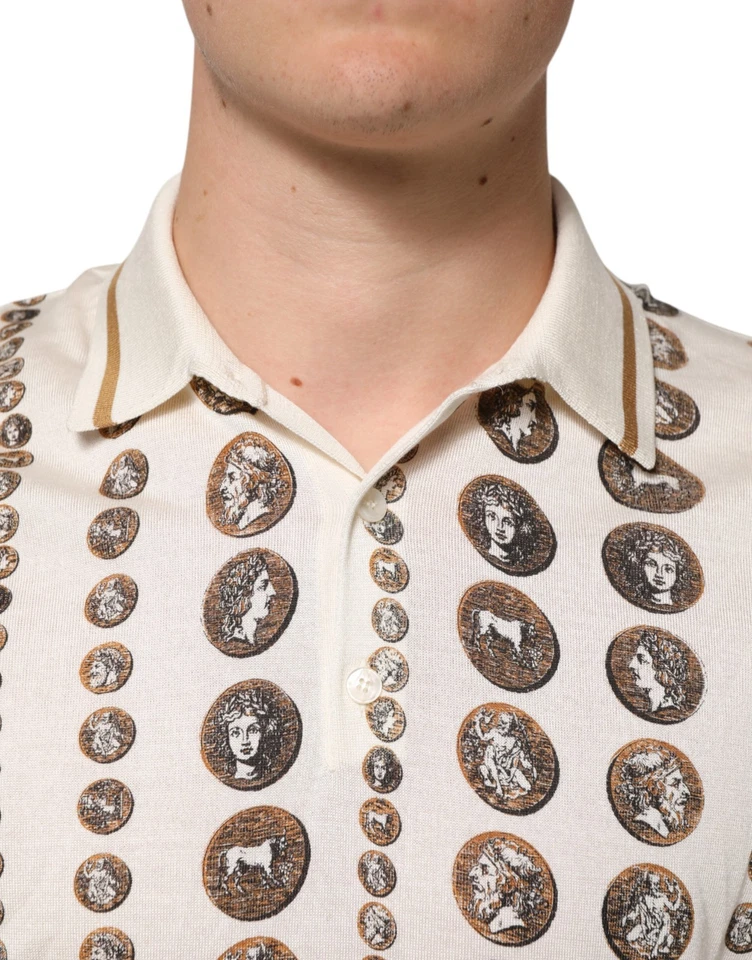 DOLCE & GABBANA T-shirt Silk Ivory Coin Print Logo Men Polo IT46/US36/S 1500usd - Image 4 of 4