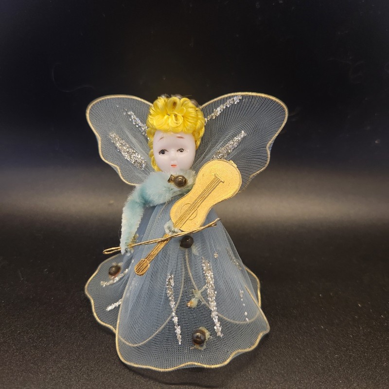 Angel Christmas Ornament with Guitar - Blonde Hair, Green Wings