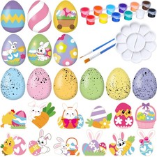 24 Pcs Easter Eggs and Bunny Painting Kit Wooden Eggs and Bunny for Easter Cr...