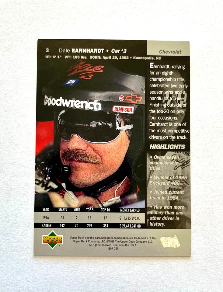Dale Earnhardt NASCAR 1996 Upper Deck #3 Autographed Signed - Image 3 of 3