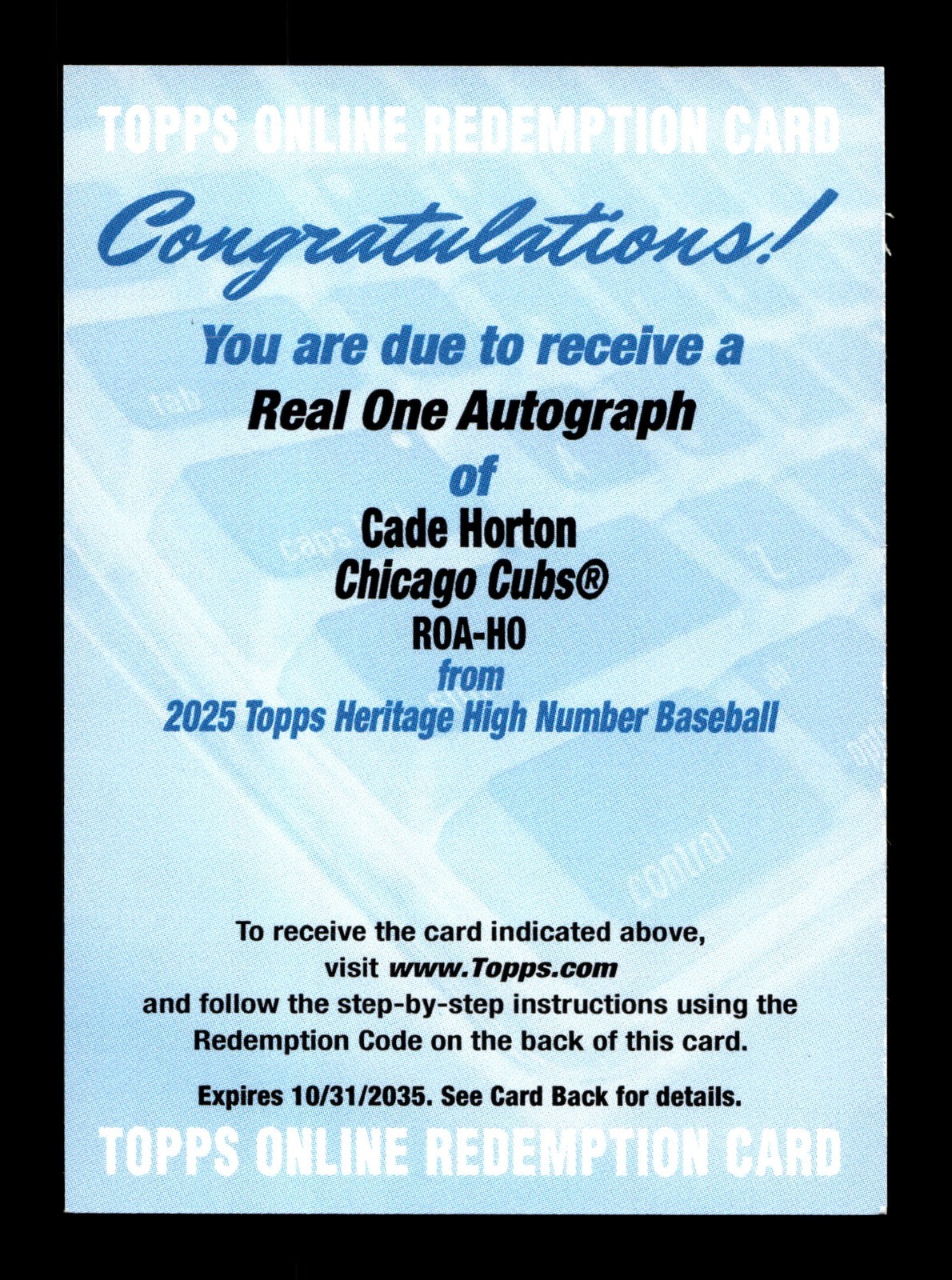 2025 Topps Heritage High Number Real One Cade Horton Auto RC Rookie CUBS