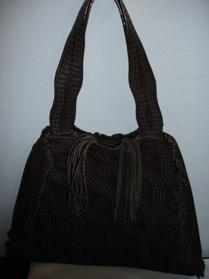 WOMENS 10 X 16 FRANCESCO BIASIA BR.LEATHER PURSE WITH FRINGE AND LACING,GOOD CON