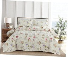 Flower Quilt Set Queen Size Beige Floral Full/Queen Beige Purple Floral