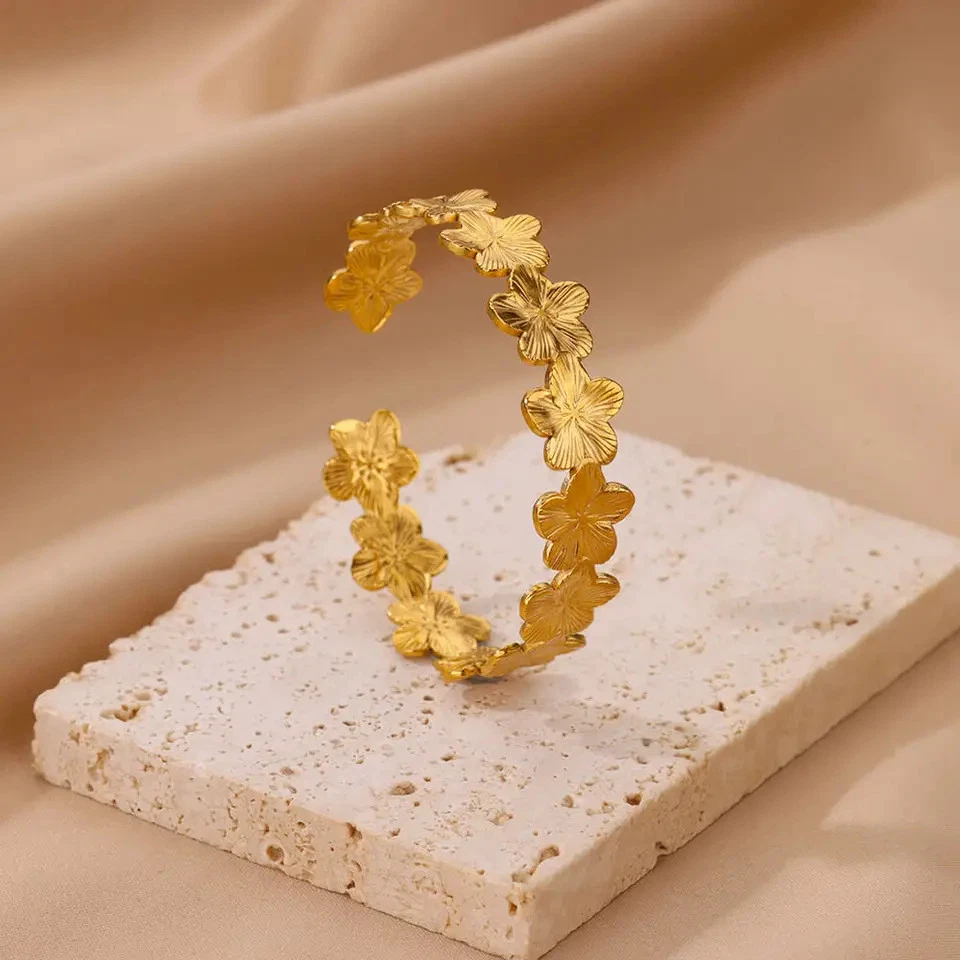 Floral Cuff Bangle Bracelet Stainless Steel Gold Tone Casting Women Jewelry - Image 3 of 4