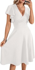 Women's Warp V Neck Ruffle Short Sleeve A Line Swing Flared Midi Bride Dresses