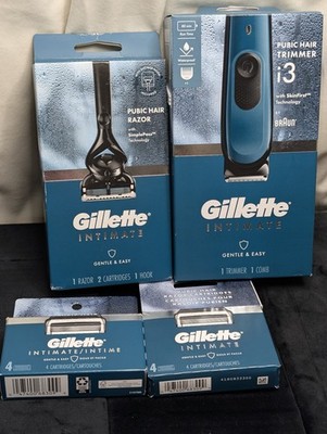 4 Piece Bundle Gillette Intimate i3 Trimmer Razor and 8 Refill Cartridges New