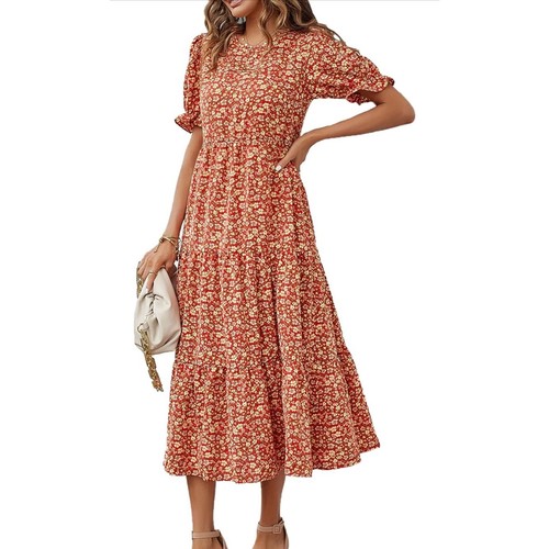 PRETTYGARDEN Women's Boho Dress Floral Print Short Sleeve Flowy Midi Beach XL